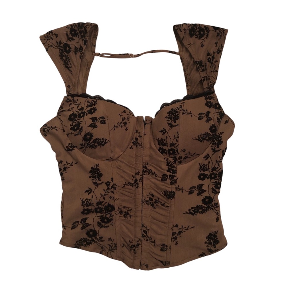 Y2K Chocolate Brown Corset Bustier Top with Black Floral Embroidery Size M